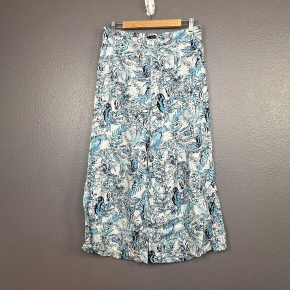 Tahari Size Medium Linen Floral Wide Leg Crop Pants Beach Tropical Blue White - Picture 1 of 6